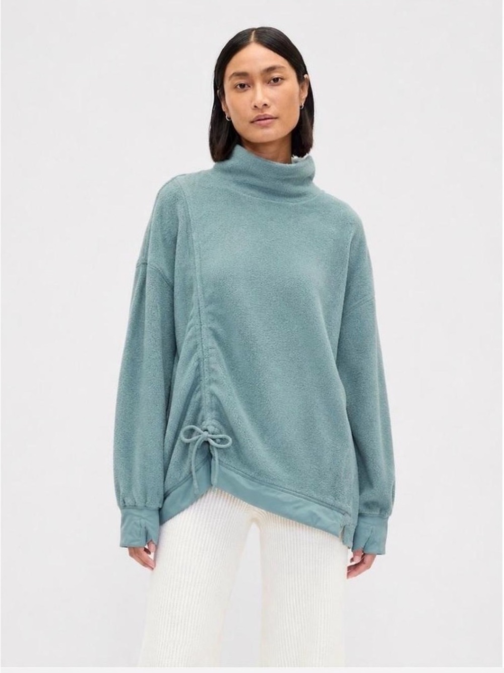 Tahari Dusty Teal Funnel Neck Fleece Sweater with Side Tie
